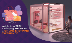 Girl browsing retail store with mobile phone, showcasing tech in shopping experience