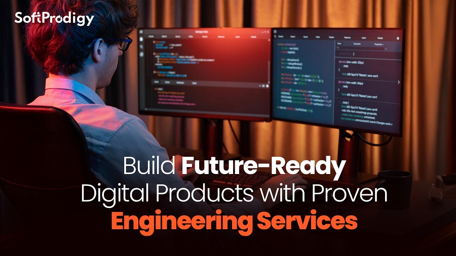 A software engineer working on dual monitors with code on screen, representing SoftProdigy’s future-ready digital product engineering services.