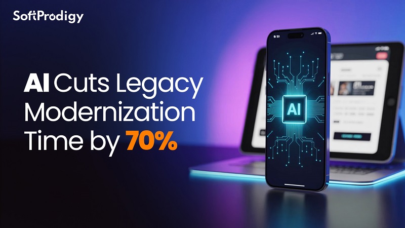 Promotional banner illustrating how AI cuts legacy app modernization time by 70%, with a glowing AI-themed smartphone interface and a laptop screen behind it.