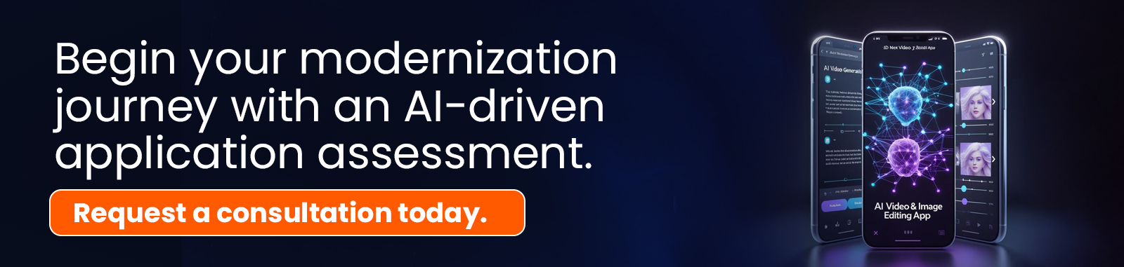 Banner promoting Legacy App Modernization with AI-driven application assessment and mobile screens showcasing AI editing feature