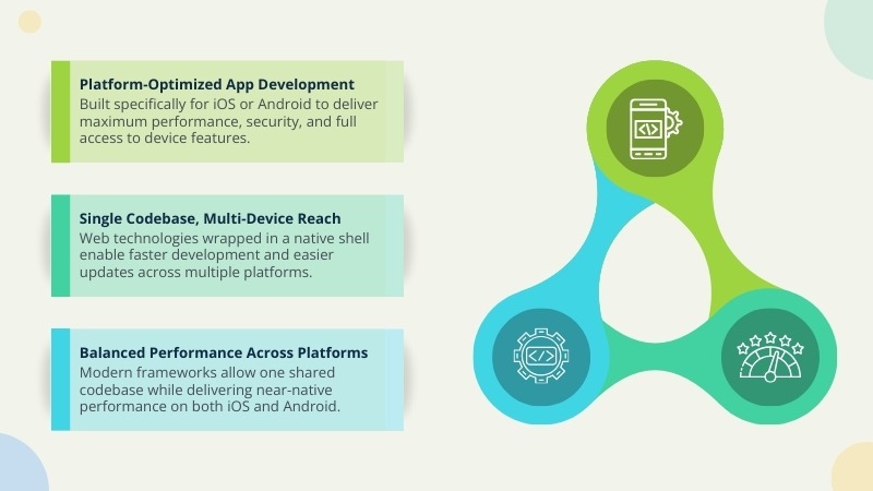 Infographic explaining mobile application development models including native, hybrid, and cross-platform approaches used in mobile banking apps